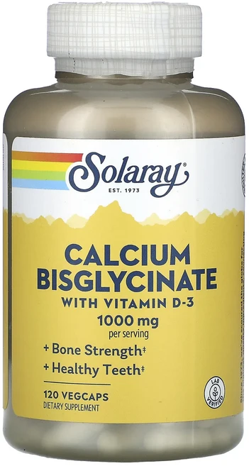 Solaray 칼슘 비스글리시네이트 비타민D3 함유 1000mg 베지 캡슐 120정(캡슐 1정당 250mg), Solaray칼슘비스글리시네이트비타민D3함유1000mg, 1개, 120정 - 쿠팡