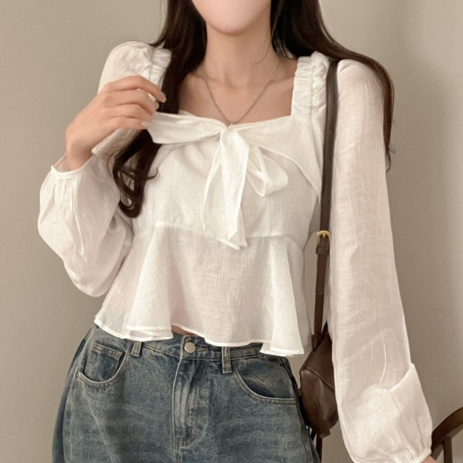 쪼예 러블리 오프숄더 투웨이 리본 스퀘어넥 퍼프 소매 긴팔 블라우스