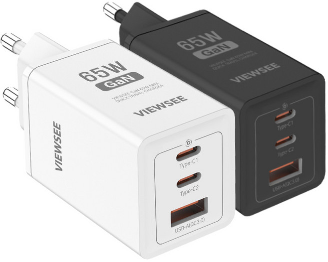 뷰씨 65W 멀티 3포트 USB C타입 PD 3.0 PPS GaN 초고속 충전기 어댑터, 1개, 블랙