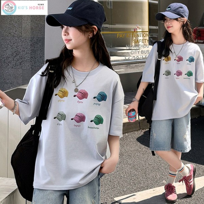 키즈목마 여아용 여름 주니어 프린트 오버핏 반팔티 연청 와이드핏 청바지 상하세트891