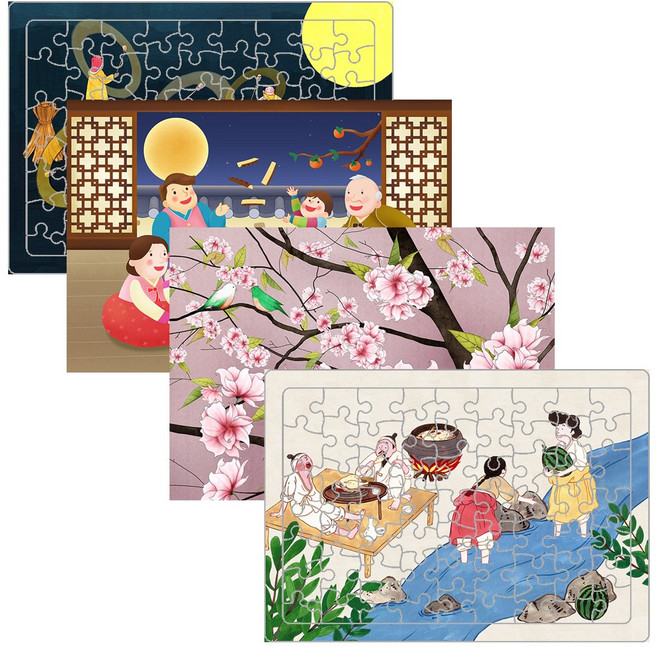 A3 민화 치매예방 동양화 부모님 어르신 효도 퍼즐 4종 세트, 1세트, 민화풍경세트, 63피스
