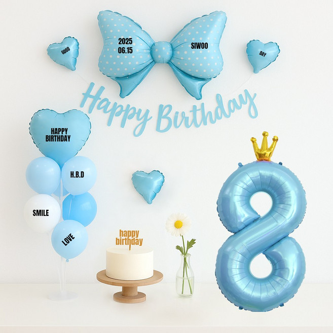 해피제이니 핑크앤블루 대형리본 숫자풍선 생일파티 가랜드 풍선 파티세트(프리레터링시트지 포함), 1세트, 블루리본 8번