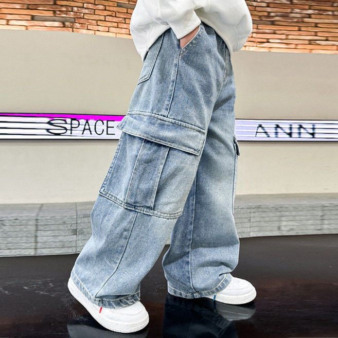 지디오 주니어 남아 와이드 청바지 워싱 데님 바지 밴딩 카고 팬츠 초등학생 간절기 긴바지