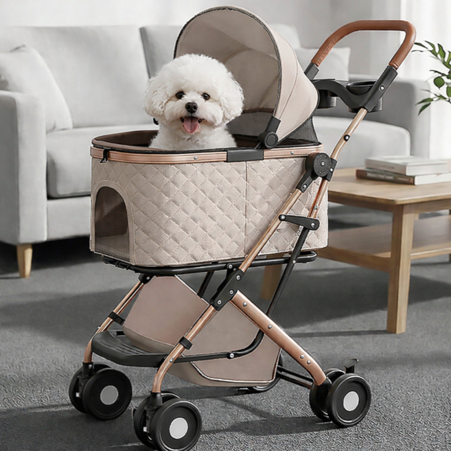 강아지 유모차 퀵폴딩 접이식 강아지 고양이 겸용 반려동물 유모차, 1개, 아이보리