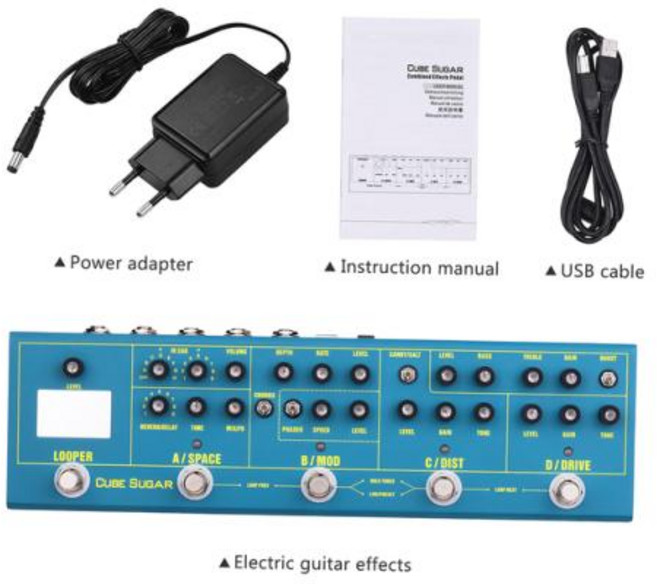 MATRIBOX2 큐브 슈가 기타 이펙트 페달 왜곡 오버드라이브 코러스 퍼즈 플랜저 지연 리버브 액세서리, 1) EU Plug, 1개