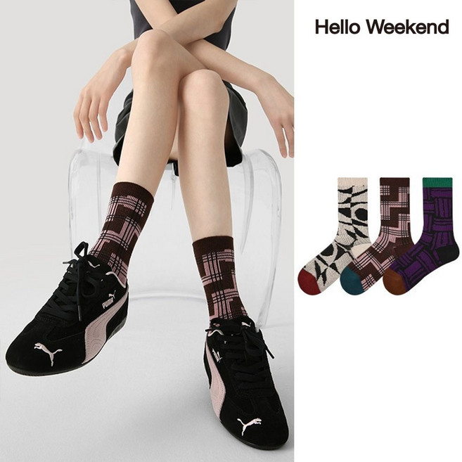 Hello Weekend 여성 배색 봄여름 양말 중목 양말 장목 양말 중목 양말 운동 패션 순면 양말 3족 세트
