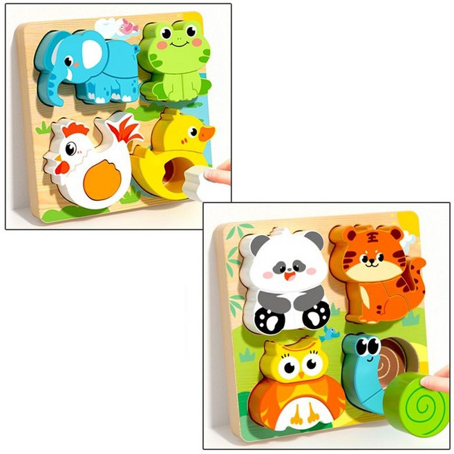 樂萌可酷 蒙氏立體拼圖 交通工具動物認知木製益智玩具, 動物款8個圖案大全, 2套, 8片