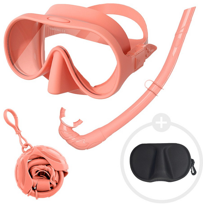 위베런 폴더블 스노쿨링 마스크 프리다이빙 장비 일안식 스노클링 어린이 성인 물안경 세트, 코랄핑크