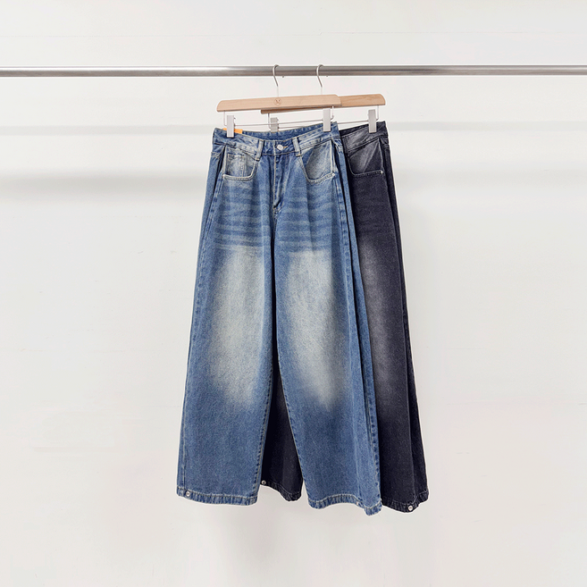 골반 볼륨 빈티지 워싱 사이드 핀턱 밑단 스냅버튼 벌룬핏 조거 롱와이드 투웨이 청바지
