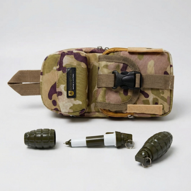 밀리터리 감성 대용량 필통 멀티 수납 펜슬케이스, 1개, 수류탄 베이지