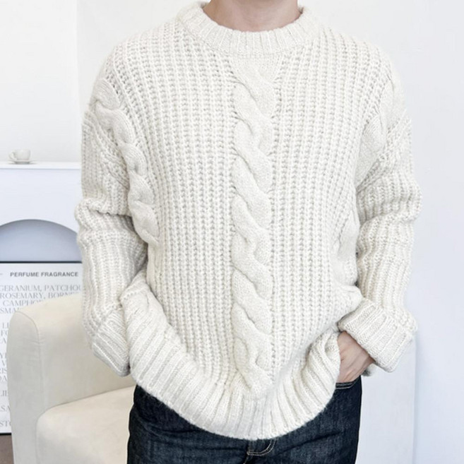 편안한오버핏 남성도톰한꽤배기 라운드니트스웨트 베이직스타일 남자겨울패션 남성라운드니트 남성의류니트/스웨터 남자라운드니트 남자라운드티긴팔겨울 남자라운드티긴팔 라운드오버핏니트 남자꽈배기