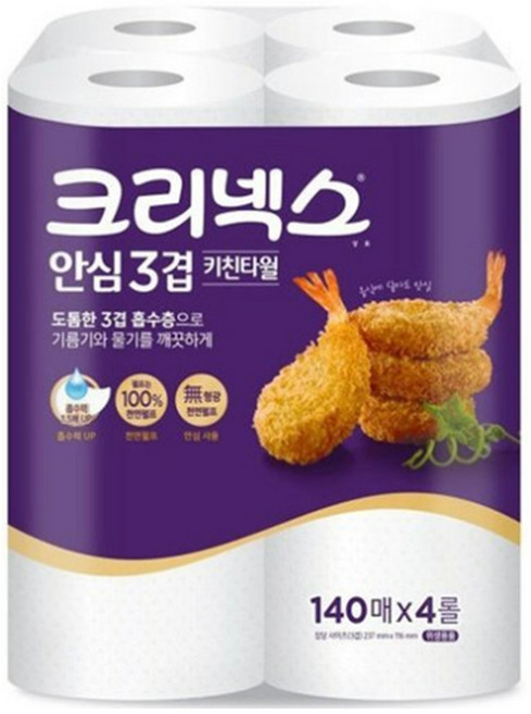 크리넥스 안심 3겹 키친타올 롤키친타올, 4롤, 1개