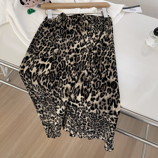 봄 여름 가을 여성 호피치마 하이웨이스트 플리츠 레오파드 주름 롱 스커트