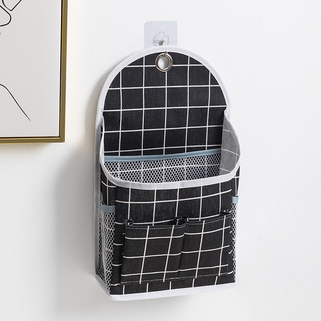 벽걸이 패브릭 수납포켓 무타공 도어걸이 대용량 정리함 학생 기숙사 생활용품 수납가방, 블랙 체크