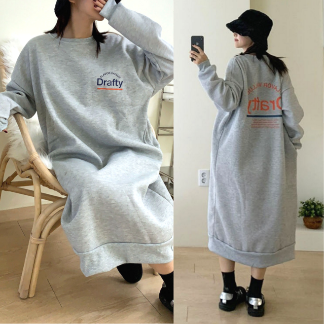 핏몬 여성 오버핏 포켓 맨투맨원피스 빅사이즈 기모 롱 원피스 그레이