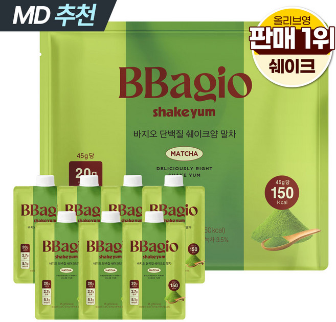 바지오 맛있는 말차초코맛 단백질 쉐이크 고단백 저당 프로틴 프리미엄 단백질 보충제 쉐이크얌 제주 말차맛 보성 말차라떼 식사대용 식단 다이어트 식이섬유, 7개, 45g
