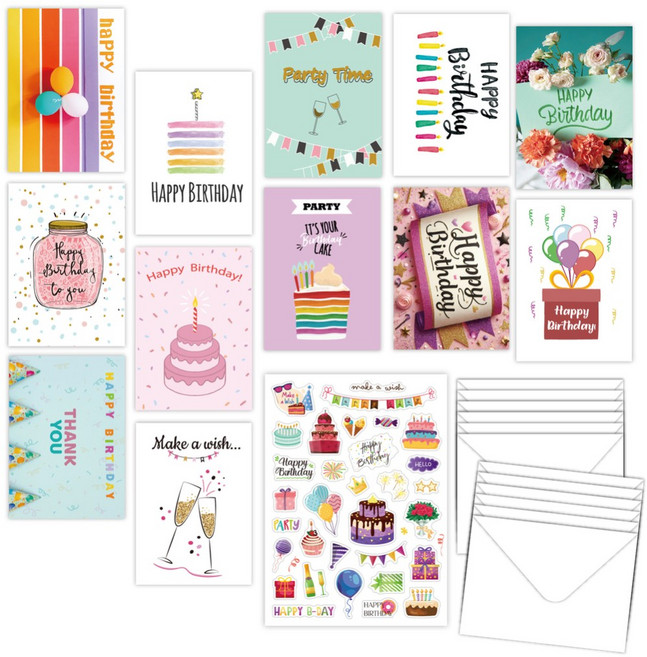생일 축하 카드 봉투 스티커 12종 세트, 12개, 혼합B
