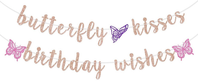 Butterfly Kisses Birthday Wishes Banner Butterfly First Birthday Party Banner Butterflies Party, 1개, 로즈 골드