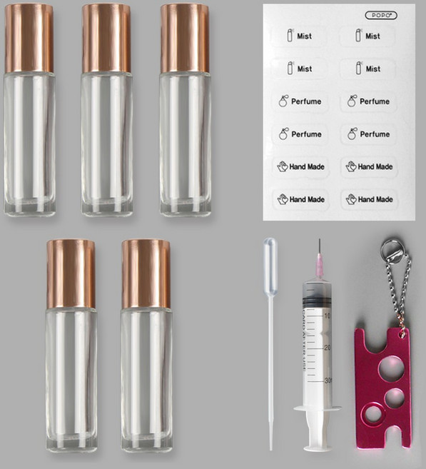 포포라운지 롤온공병 향수 용기 아로마 화장품 소분 공병 + 안전바늘 주사기 + 스포이드 + 롤온 오프너 + 스티커, 1개, (10ml 투명)5개+소분도구+스티커 1장