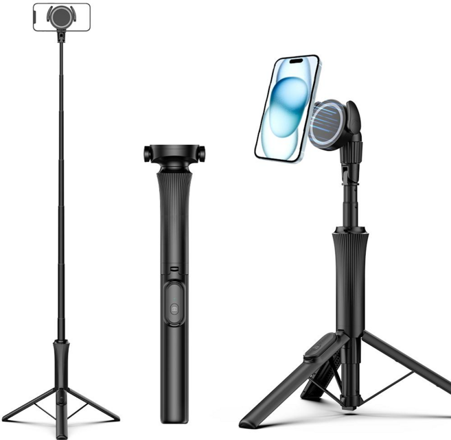 EVOKME 삼각대 셀카봉 거치대 맥세이프 마그네틱 블루투스 스마트폰용 150cm 블랙, WS-22001-4, 1개