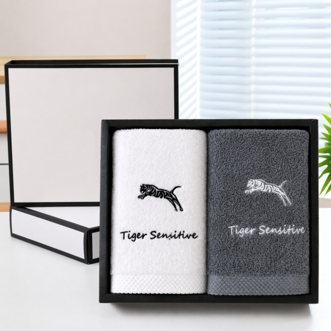 상덕 프리미엄 호텔수건 40수 2P 순면 자수 선물세트, 1세트, 믹스 호랑이
