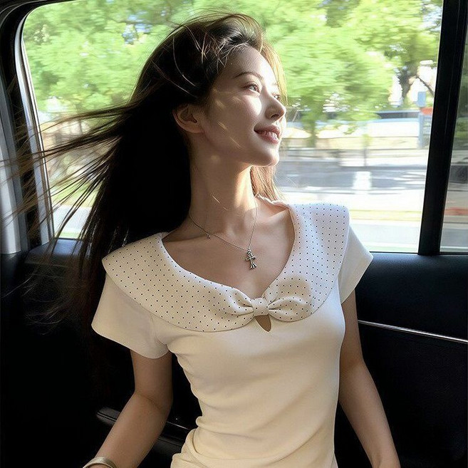 韓系波點娃娃領短袖T恤 女夏季小巧上衣