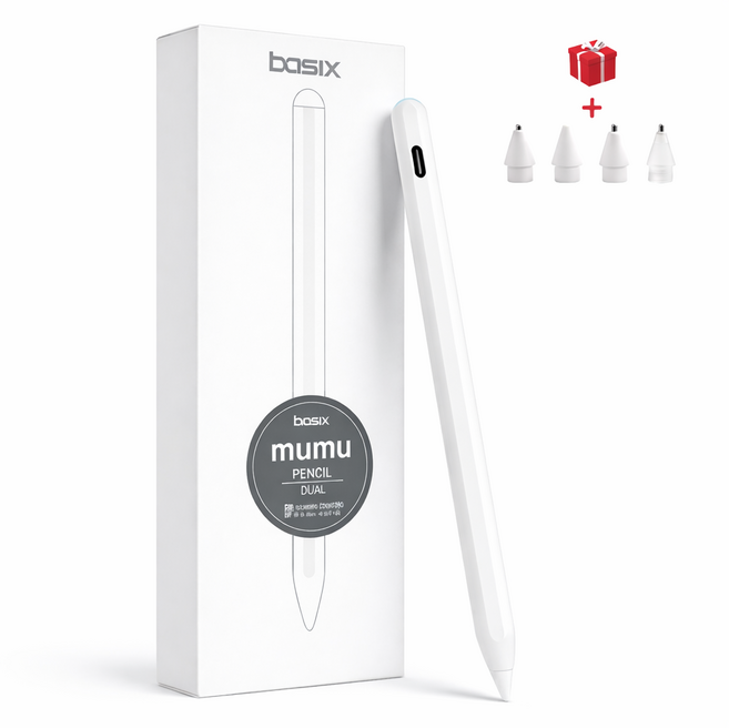 무무펜슬dual 아이패드 전용 스마트 터치펜 usb-c 유선충전 무선충전 추가 펜촉4개포함, 1개, 화이트