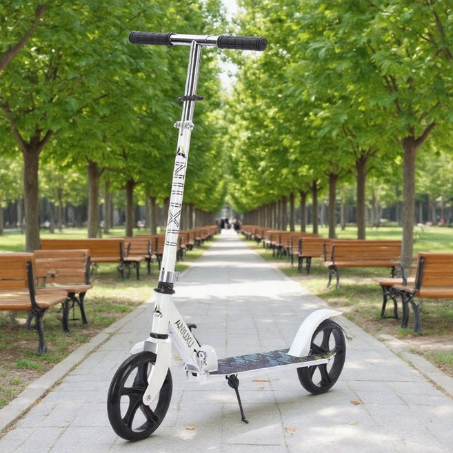 成人滑板車，便攜式可折疊兩輪滑行車，適合大學生與上班族代步, 1個, 大輪/可折疊/升降車把/白色+腳剎