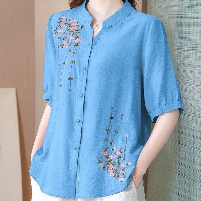 文藝復古刺繡棉麻短袖襯衫女 夏季新款寬鬆顯瘦上衣