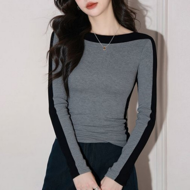 Makone 여성 보트넥 프리미엄 긴소매 슬림핏 투톤배색 티셔츠