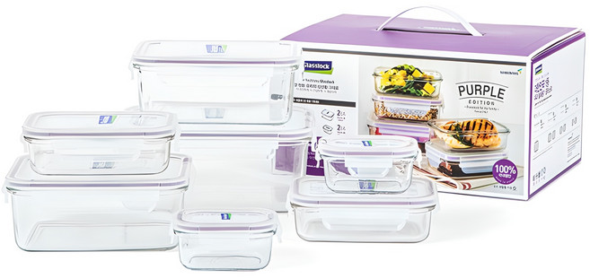 글라스락 직사각 7조 밀폐용기 선물세트, 1세트, 150ml(2P) + 400ml(2P)+ 1.1L(2P) +1.9L(1P)