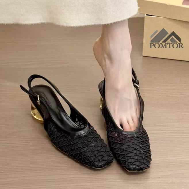 POMTOR 여성 여름 발편한 캐주얼 스트랩 뜨개질 밴딩 미들굽 샌들5cm