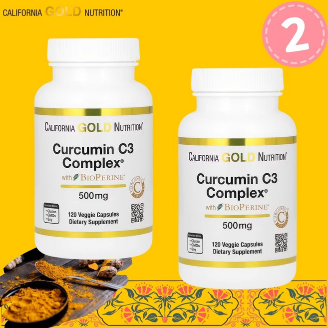 2팩 캘리포니아골드뉴트리션 커큐민 C3 바이오페린 함유 콤플렉스 500 mg 120 베지 캡슐, 120정, 2개