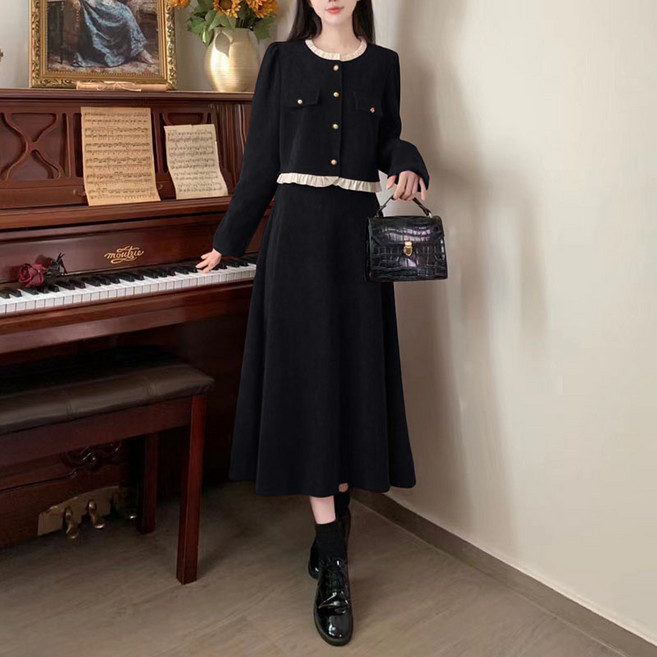 슬림소녀 여성 봄가을 코듀로이 원피스 투피스 쇼트 상의 세트 버튼 스타일 라운드 루즈