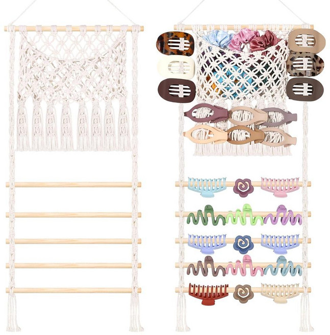 SNOWSTAR Macrame 헤어 클로 클립 오거나이저 대용량 메시 백 스크런치 홀더 및 타이 여성 여아용 액세서리 걸이 보관 홈 데코 벽 문, SNOWSTAR Macrame 헤어 클로 클립 오거나이