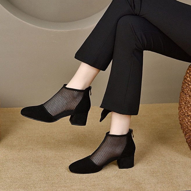 슬림소녀 여성 봄여름 굵은 굽 망사 하이힐 통기 심플 캐주얼 편안한 앵클부츠