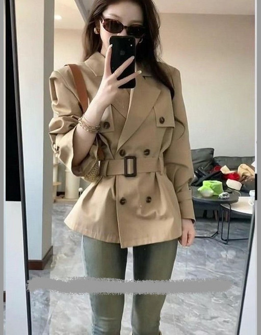 AOKADA 여성 봄 가을 더블 숏 트렌치 코트 키작녀 허리쪼임 잠퍼