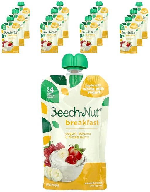 Beech-Nut 브렉퍼스트 생후 12개월 이상 요거트 바나나 & 혼합 베리 파우치 12개 각 99g(3.5oz) Beech-Nut (비치넛) - 쿠팡