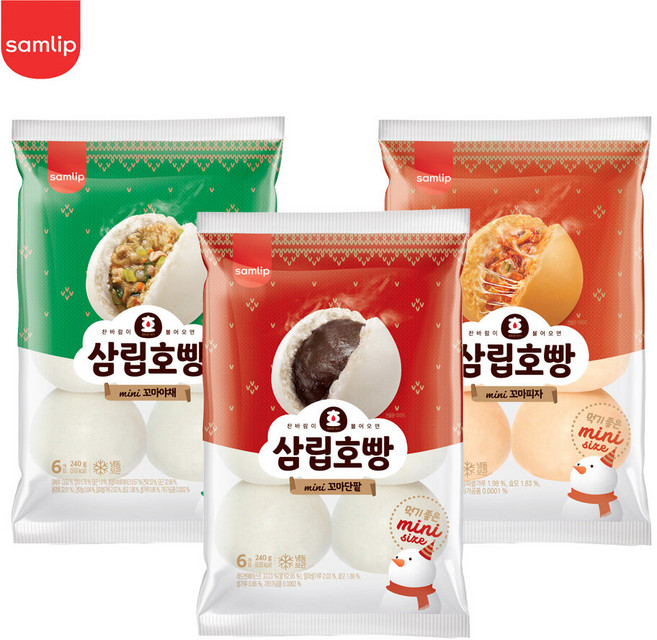 삼립 냉동 꼬마호빵 6입 4봉 택 (단팥/야채/피자), 냉동 꼬마호빵 단팥 2봉+야채 1봉+피자 1봉, 4개, 240g