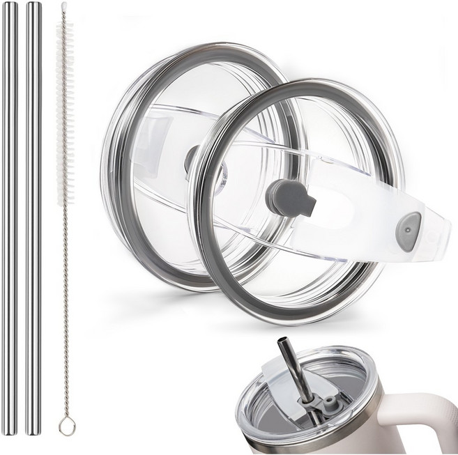 LJL[1+1]스탠리 텀블러 뚜껑 호환 1180ml/887ml/591ml 밀폐 플립 빨대뚜껑 +스텐 빨대 2개, 그레이, 1세트, 887ml