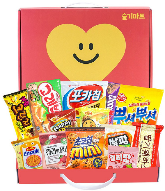 슬기마트 널사랑해 하트 간식 꾸러미 종합과자 선물세트 학교 단체 행사 간식세트 13가지 (포카칩 초코칩 고래밥 웨하스 외) 개별포장, 1박스, 13종