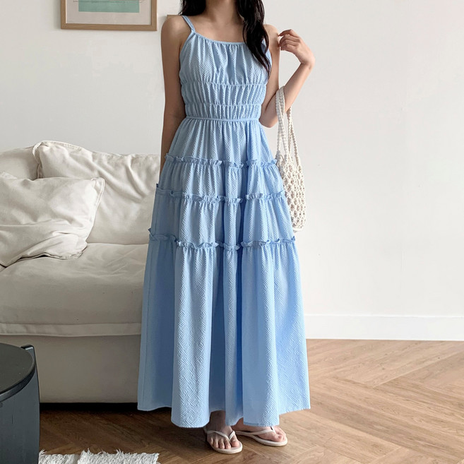 더한땀 러블리 시어서커 셔링 나시 A라인 롱 원피스 휴양지 바캉스룩