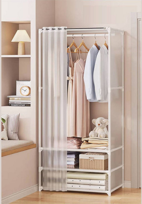 간편 조립식 튼튼한 비키니 옷장 가방 수납 선반 1단 철제 커튼 행거 일반형, 일반형 화이트, hi 일반형 화이트