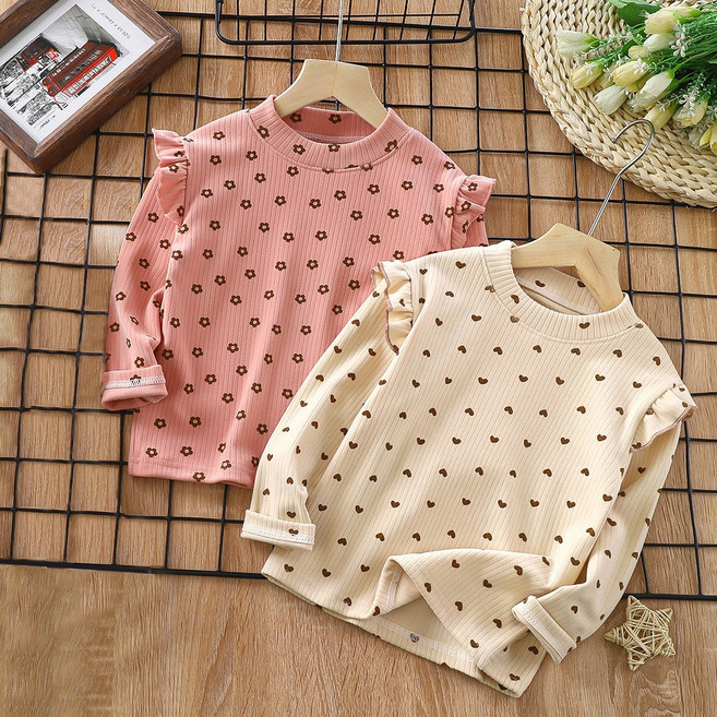 1+1 IEDUOS 여아용 초등생 중학생 주니어 어깨 프릴 긴팔 티셔츠 2종세트 아동 봄 가을 상의