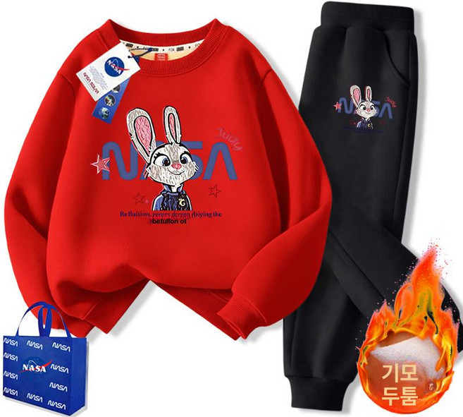 주토피아 맨투맨 티셔츠 주디 추리닝 동물 캐릭터 세트 상하복 기모 바지 겨울, N시리즈 토끼 레드+검정 바지