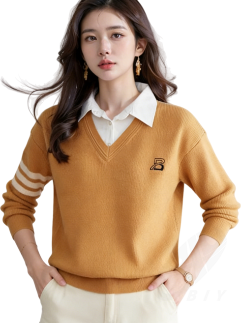 비아이와이 여성 봄가을 셔츠카라 니트 레이어드 스웨터 DH1244