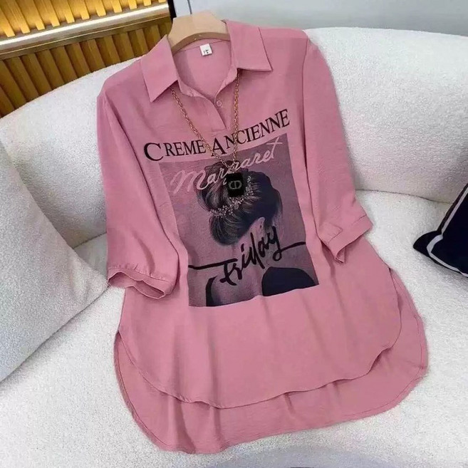 ROYALBELLE 여성 빅사이즈 카라넥 중장기 반팔 티셔츠 루즈핏 편안한 프린트 블라우스 D0032620