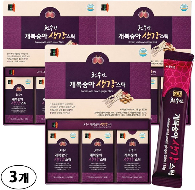 개복숭아생강스틱 국내산 개복숭아 생강농축액 액상차 HACCP 인증 선물세트, 15g*30포, 450g, 3세트