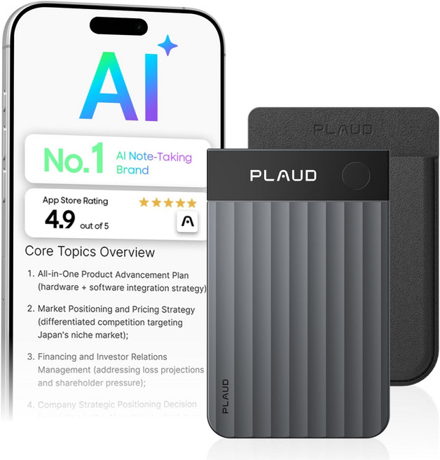 Plaud 노트 프로 AI 음성 녹음기 AI로 전사 및 요약 앱 제어 회의 통화용 테이커 112개 언어 지원 InstantView 디스플레이 포함 초슬림 케이스 블랙, Black