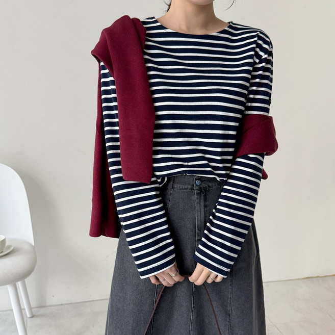 데일리앤 프렌치 단가라 봄 여성 긴팔 스트라이프 티셔츠 면 이너 데일리
